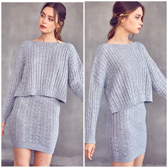 LAST ONE❗️Idem Ditto Heather Gray Cable Knitted Sweater 2-Piece Skirt Set - Picture 3 of 6